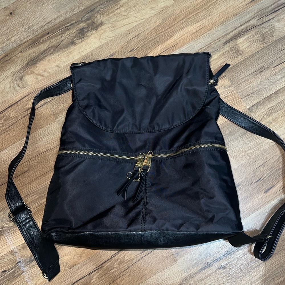 Steve Madden Black Nylon Backpack with Gold Accents